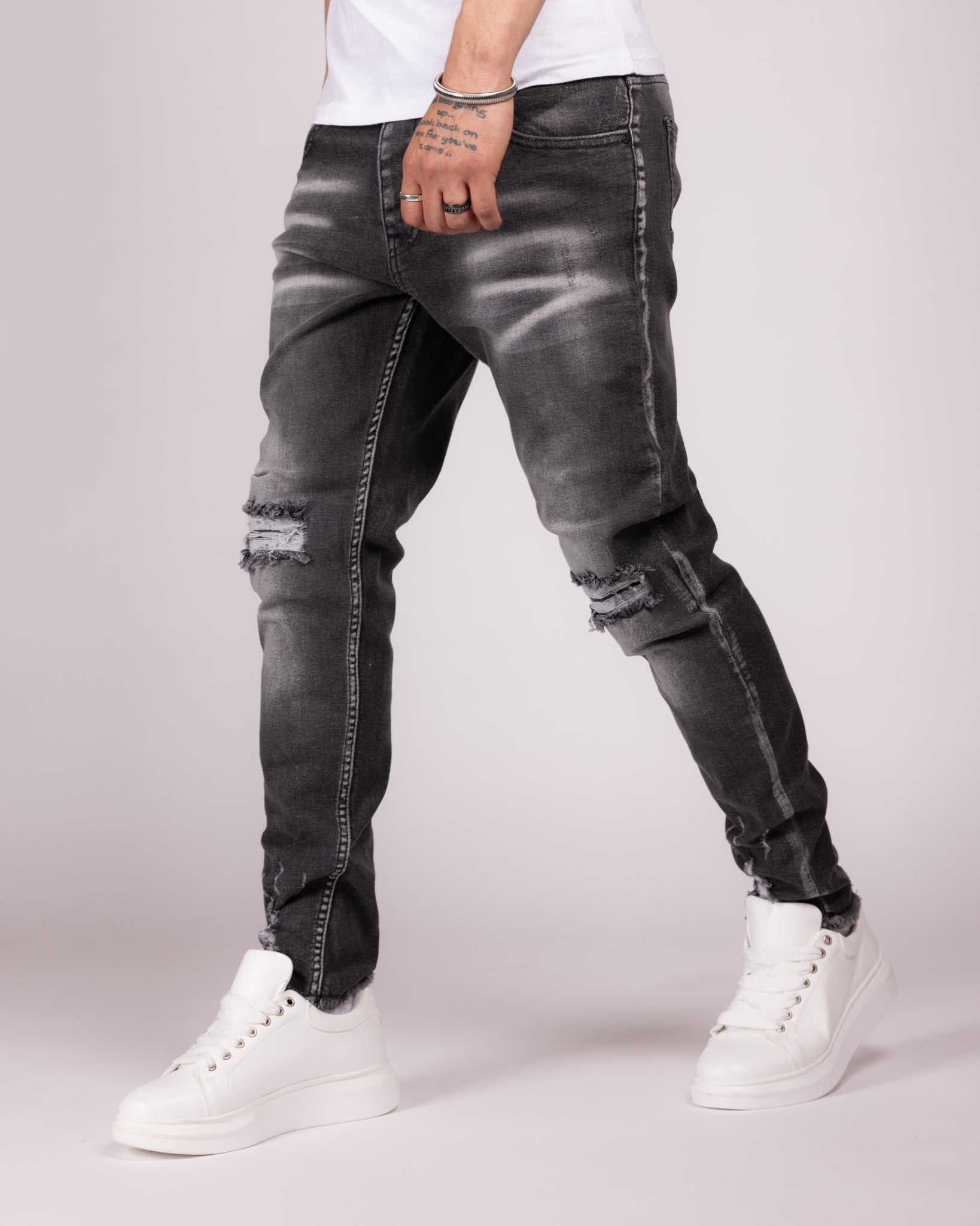 Skinny Fit Grey Wash Ripped Jeans with Heavy Distressing