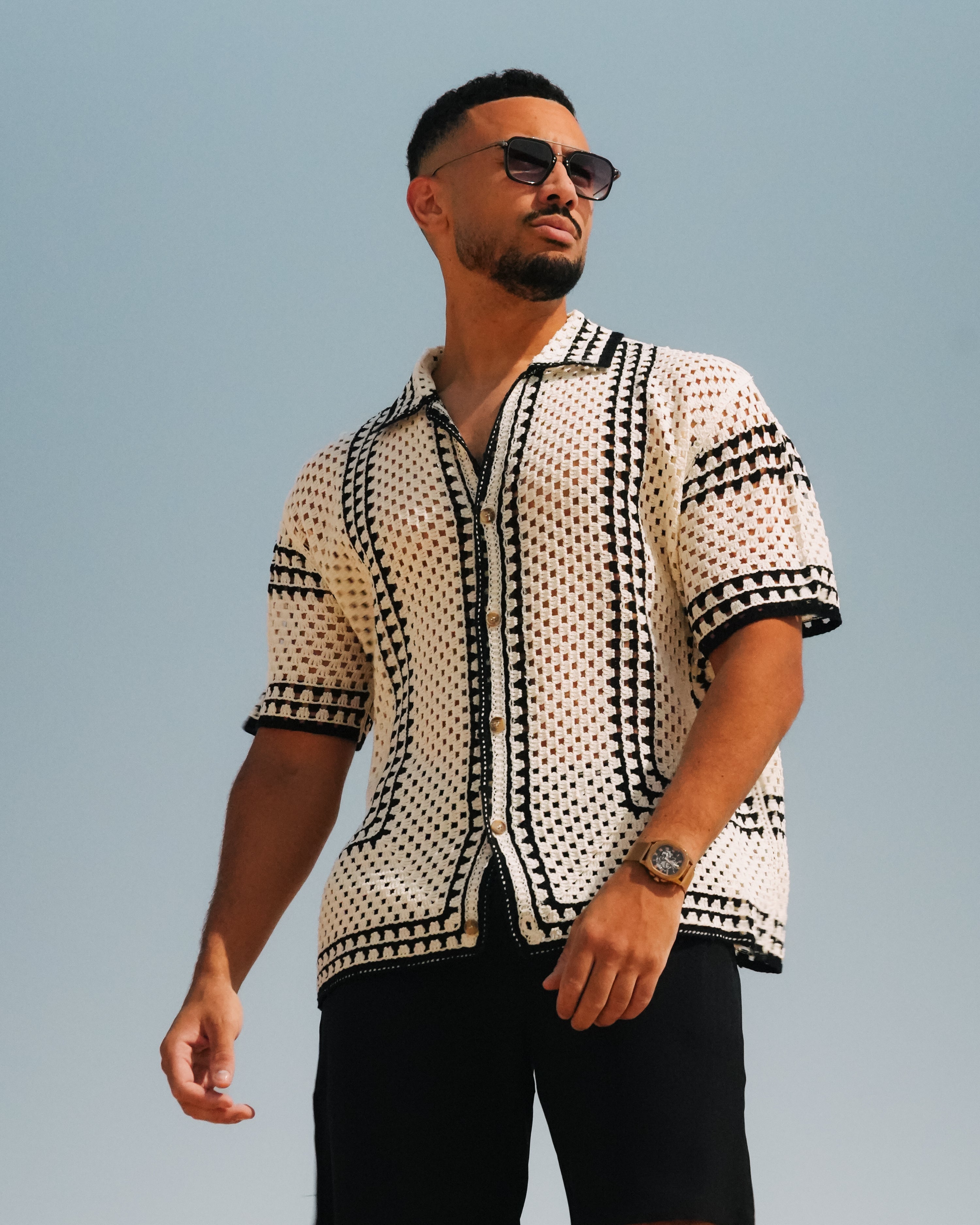 Men's Open-Knit Crochet Shirt with White Geometric Pattern