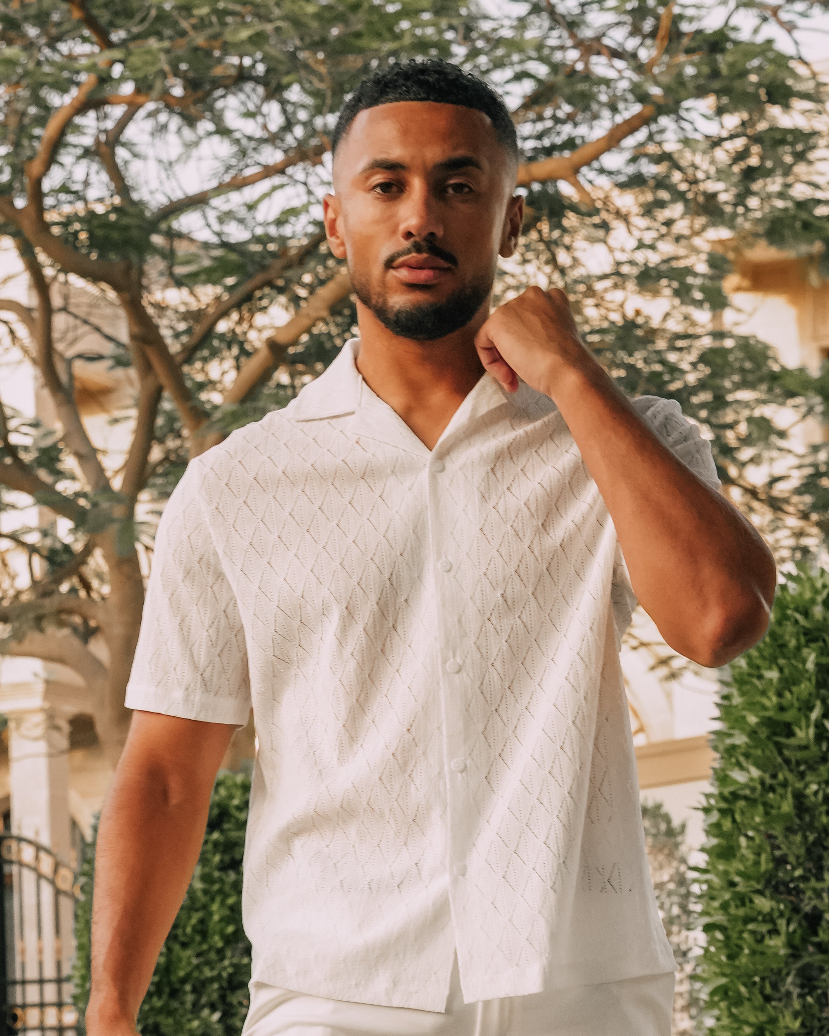 White Dress Shirt With Pattern Men's Textured Diamond-Pattern Short Sleeve  Shirt  Milano Couture