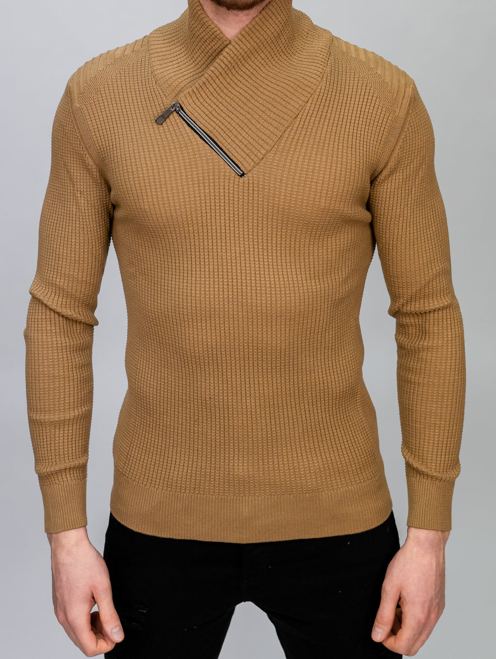 Camel Asymmetrical Zip Detail Knit Top