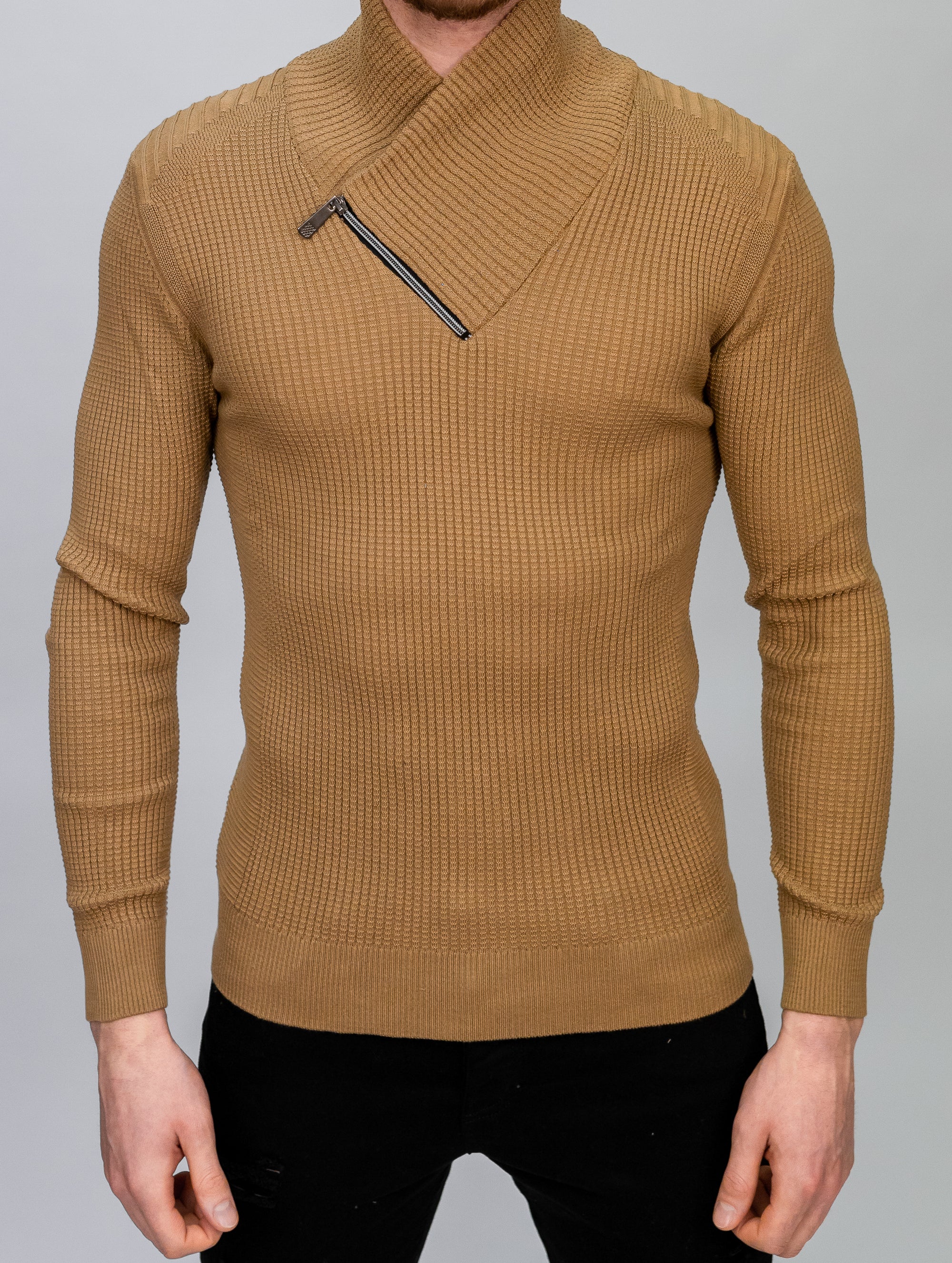 Camel Asymmetrical Zip Detail Knit Top