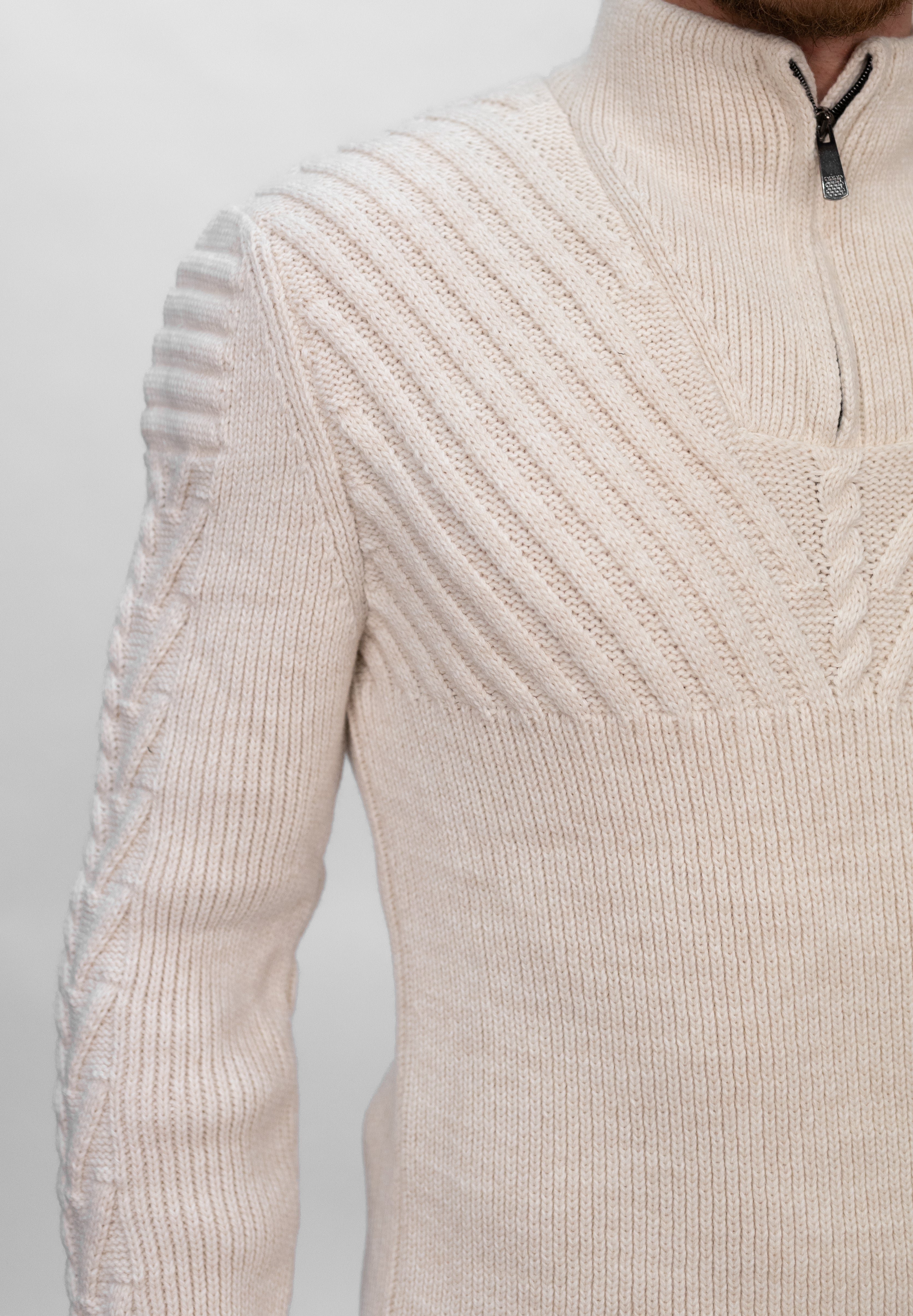 Cream Half Zip Contrast Cable Knit Sweater