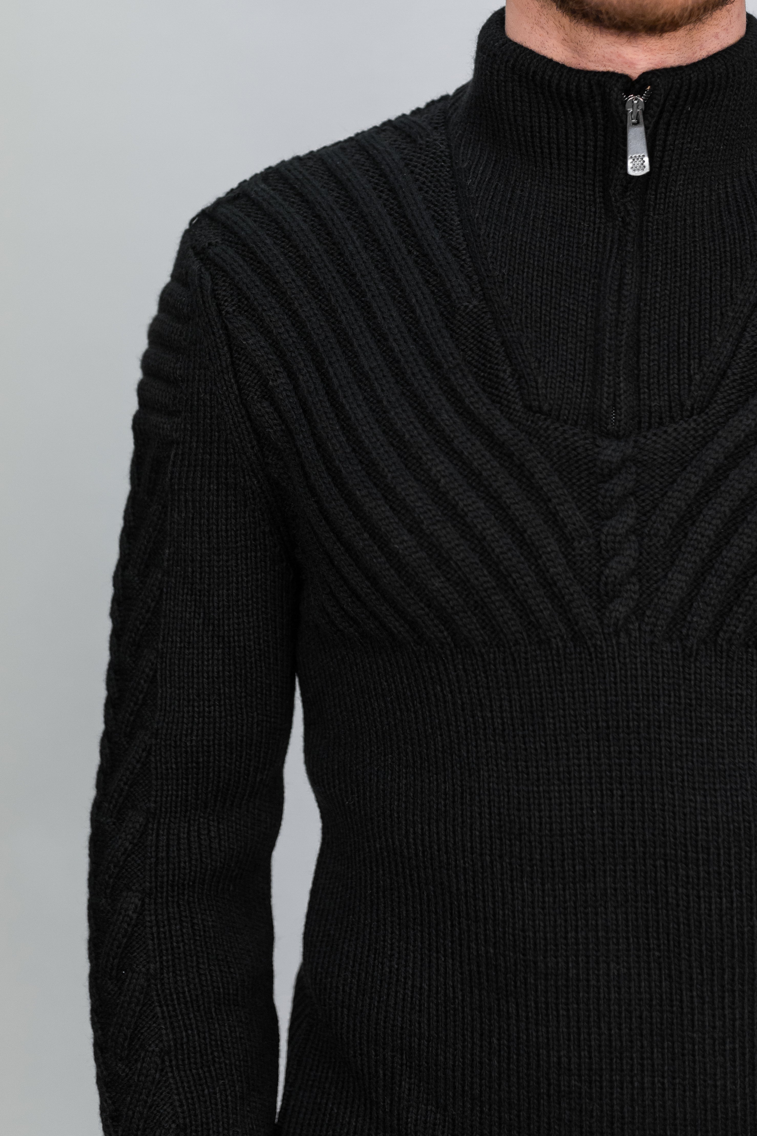 Black Half Zip Contrast Cable Knit Sweater