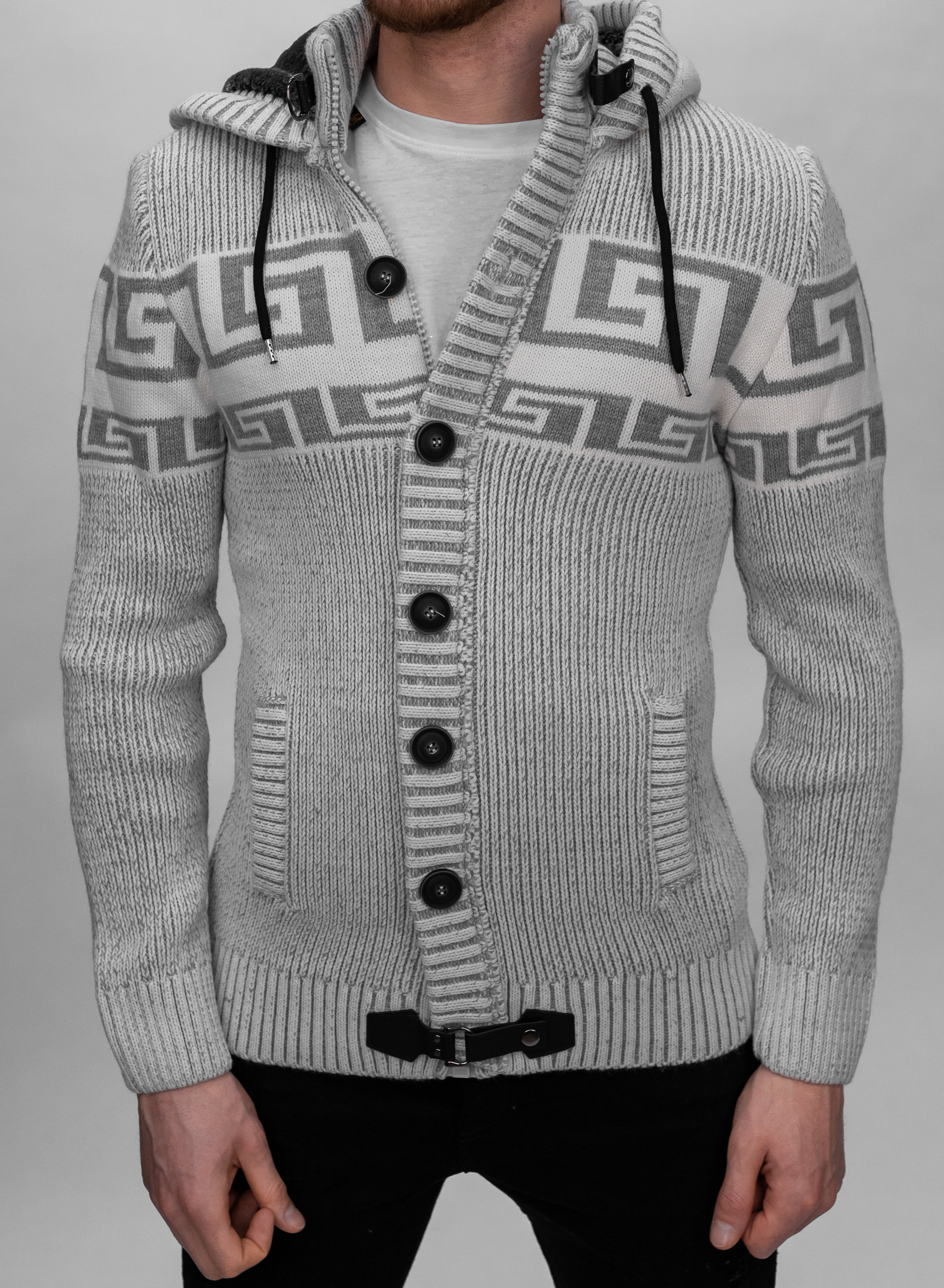 Grey Button & Buckle Detail Hooded Knitted Sweater