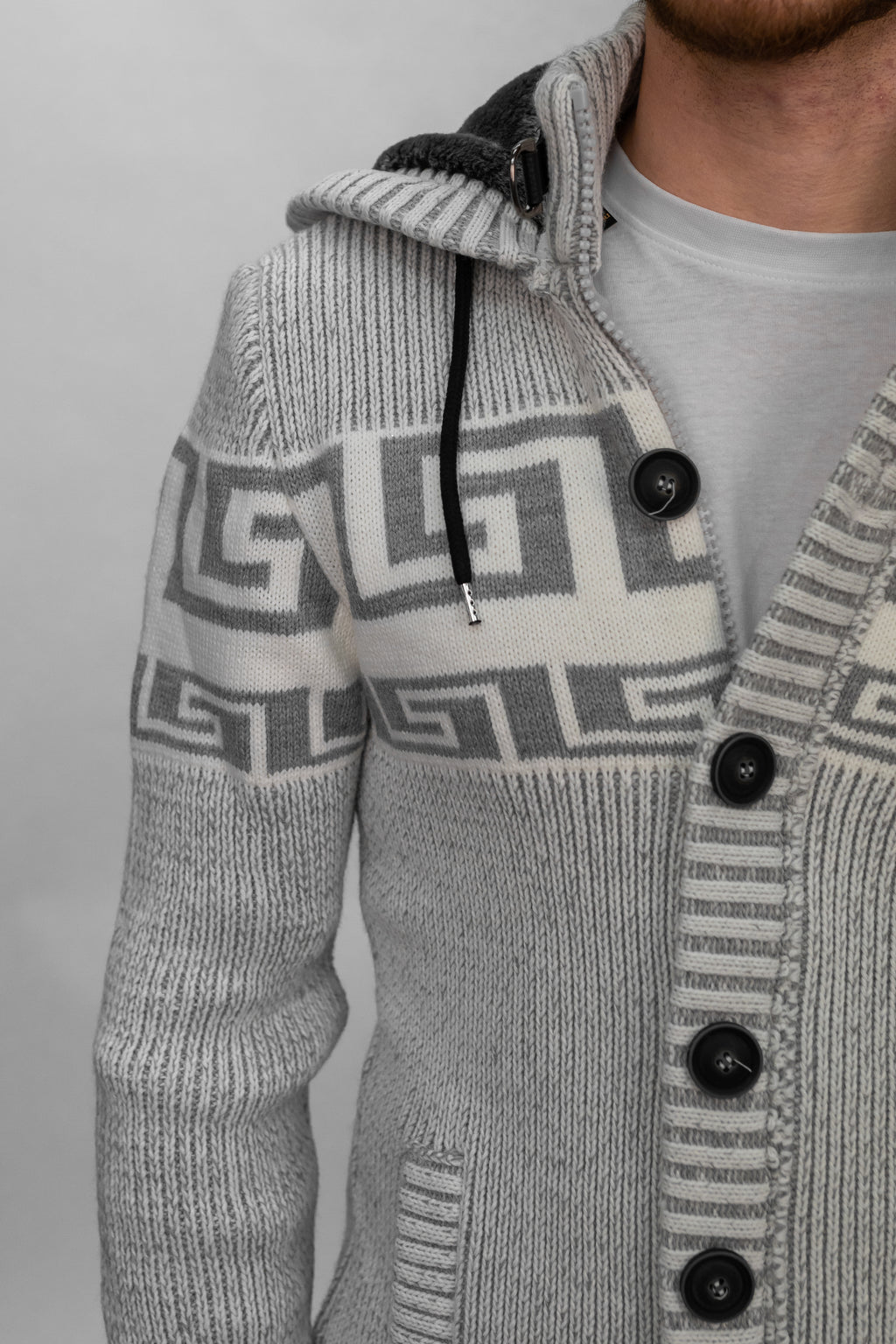 Grey Button & Buckle Detail Hooded Knitted Sweater