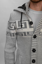 Grey Button & Buckle Detail Hooded Knitted Sweater