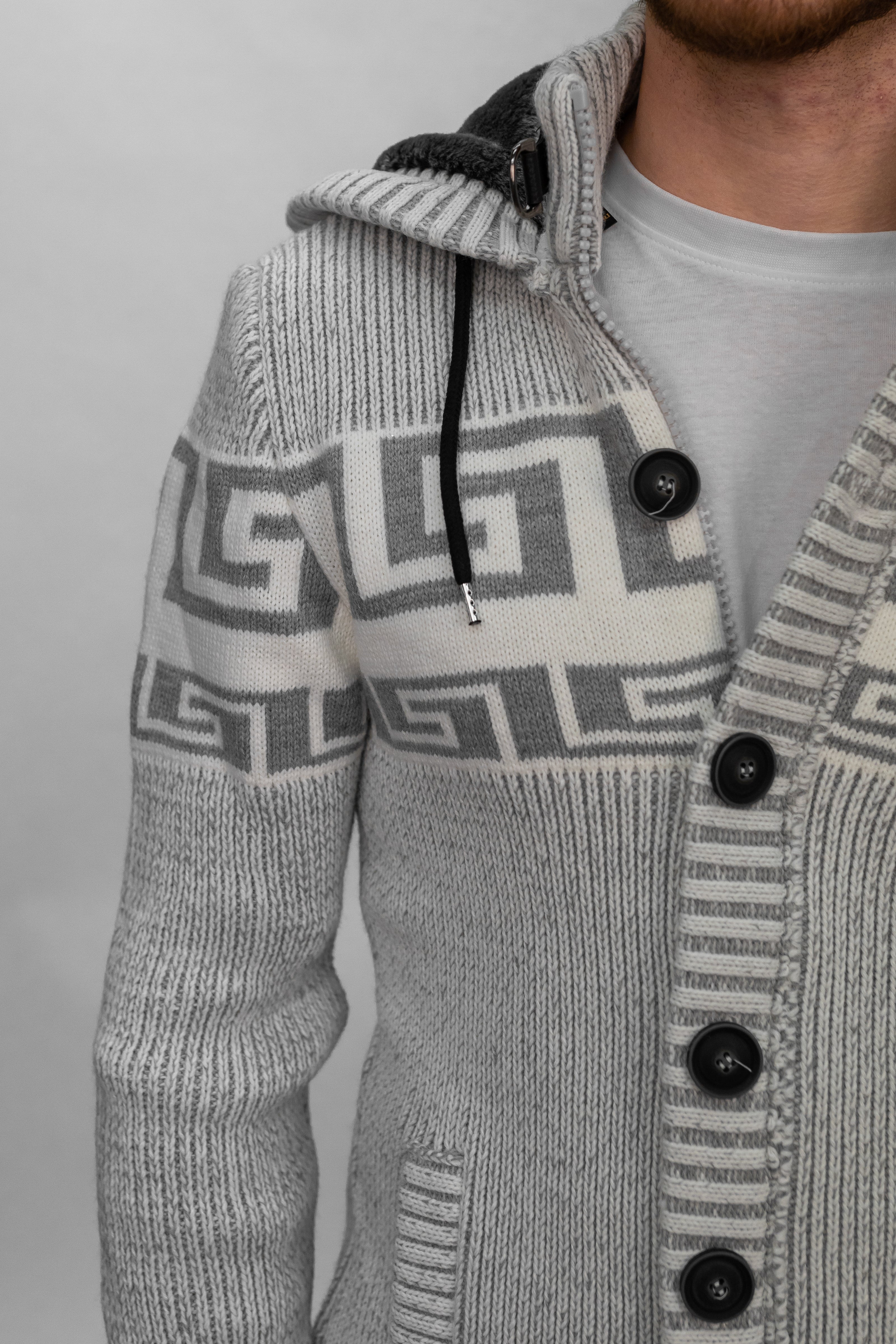 Grey Button & Buckle Detail Hooded Knitted Sweater