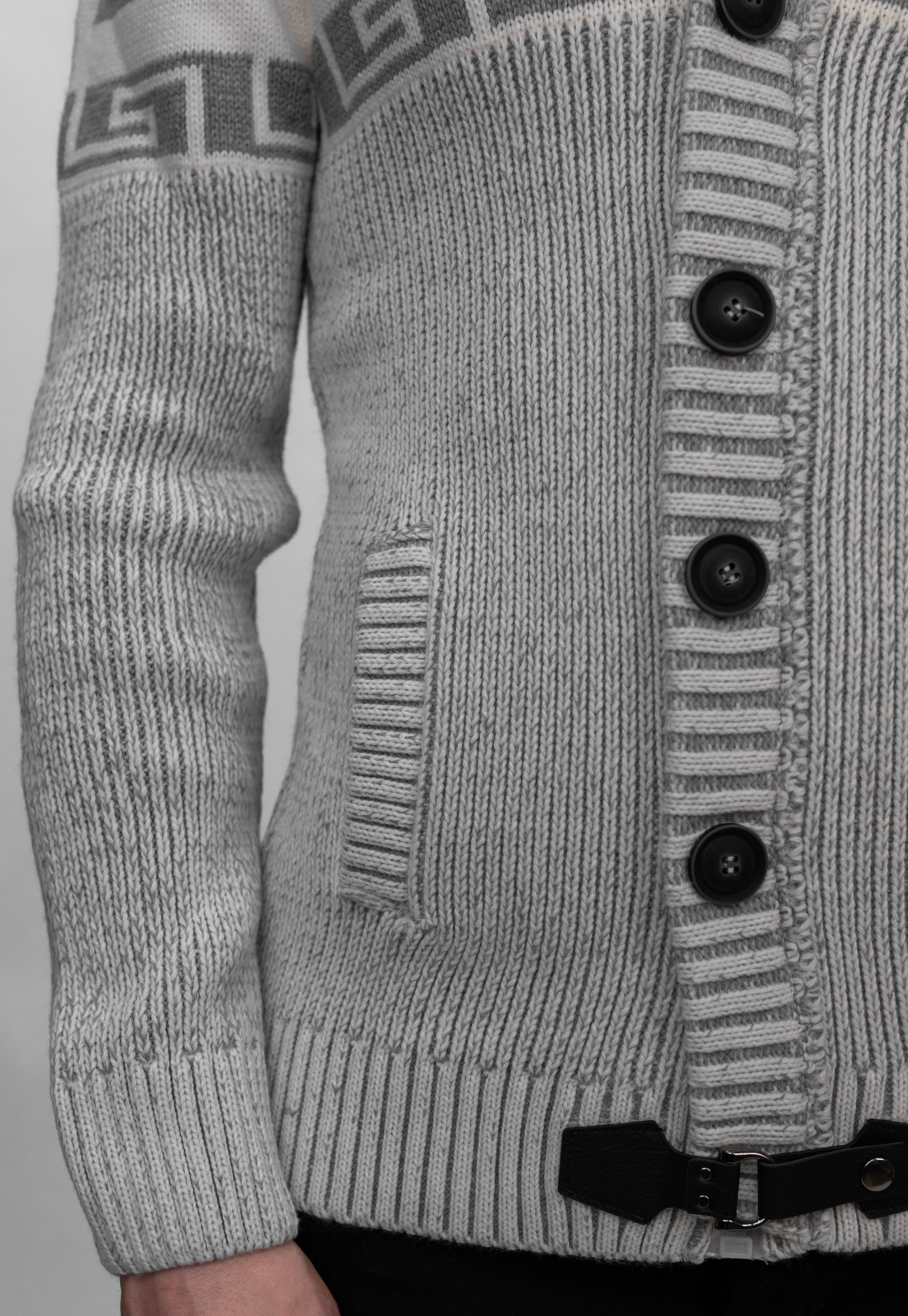 Grey Button & Buckle Detail Hooded Knitted Sweater