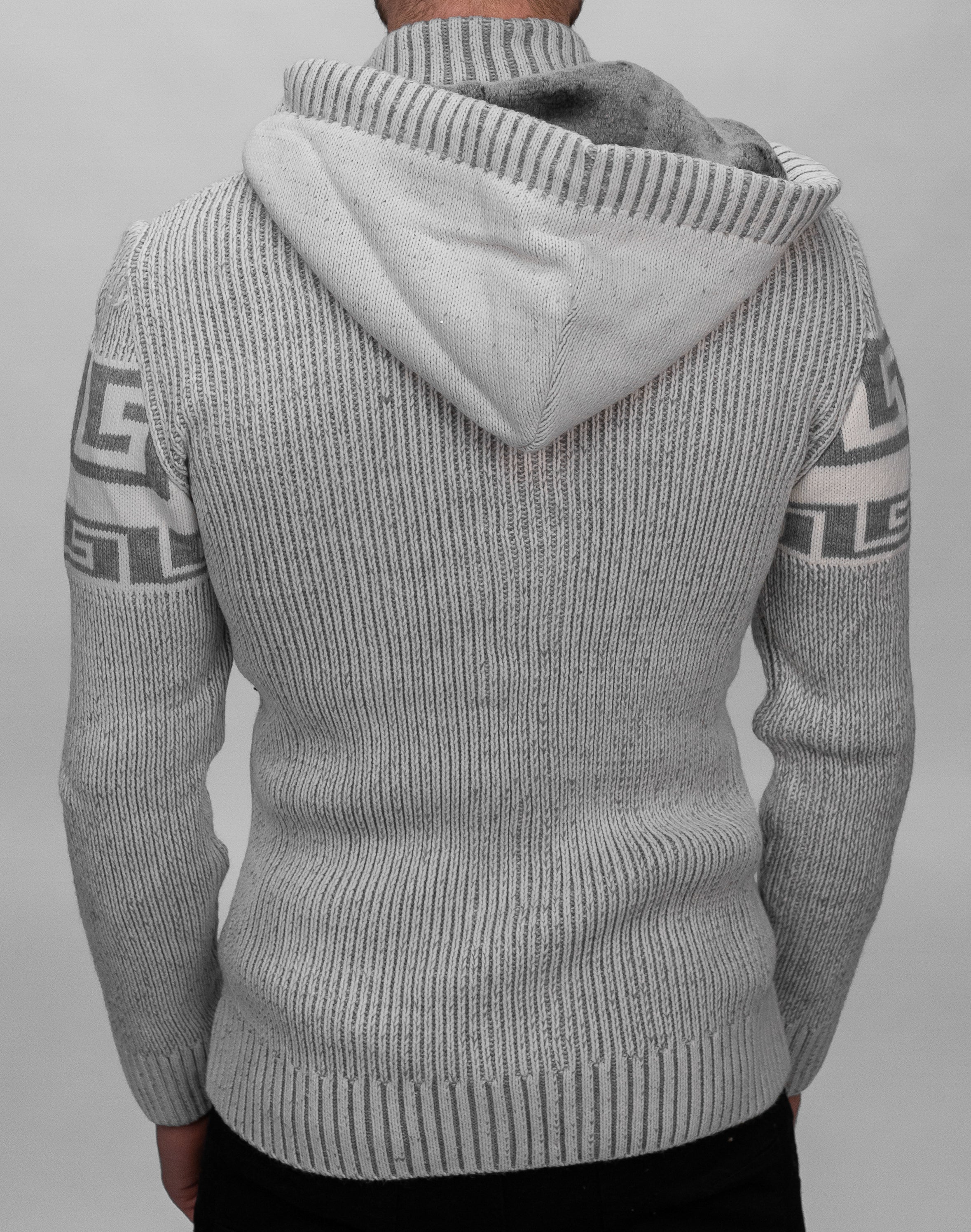 Grey Button & Buckle Detail Hooded Knitted Sweater