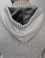 Grey Button & Buckle Detail Hooded Knitted Sweater