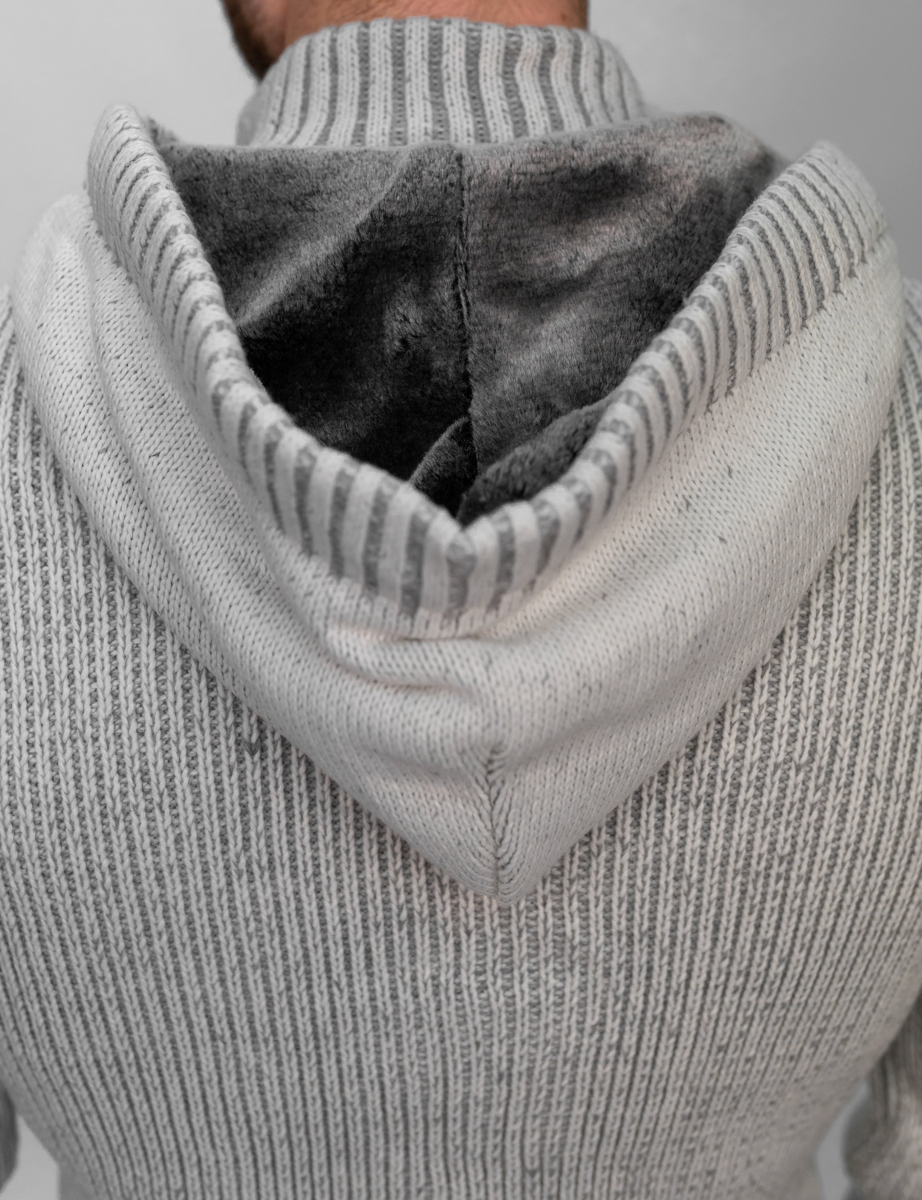 Grey Button & Buckle Detail Hooded Knitted Sweater