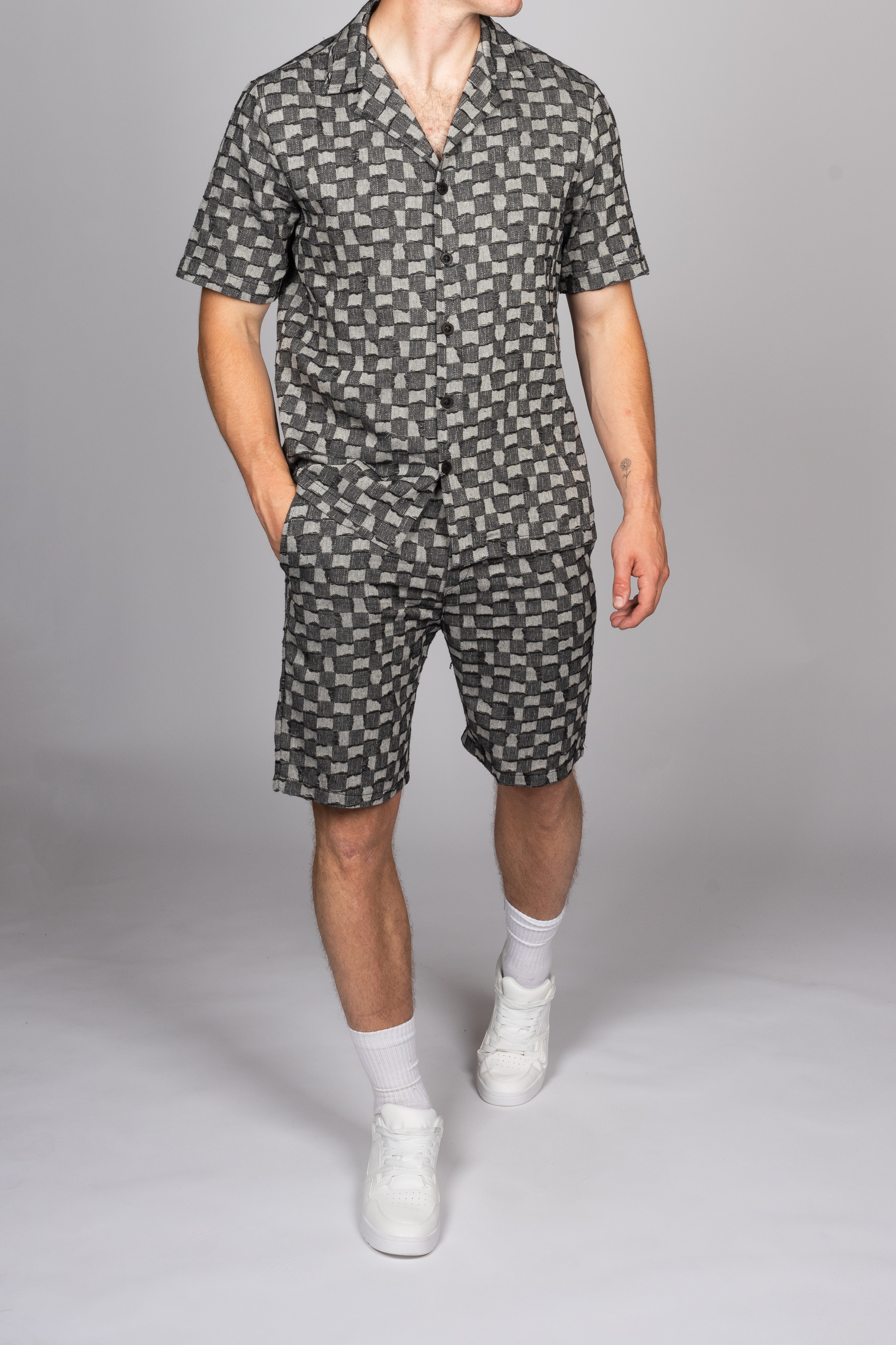 Check Pattern Detail Camp Collar Shirt