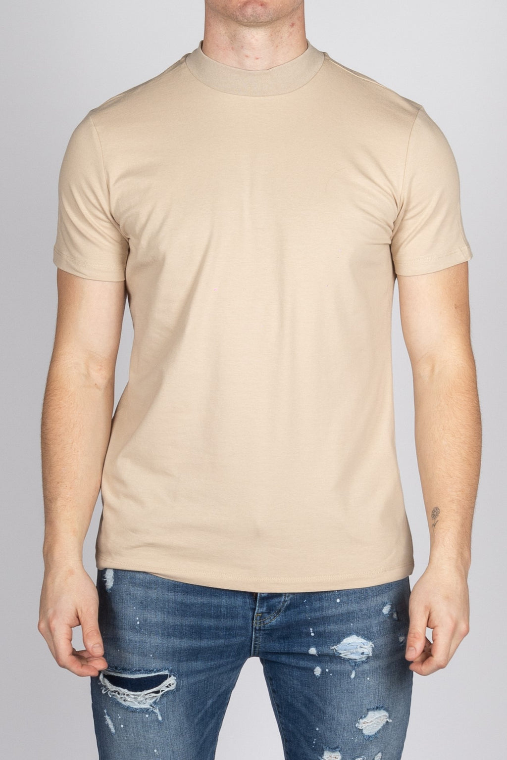 Muscle Fit Beige Mock Neck T-Shirt