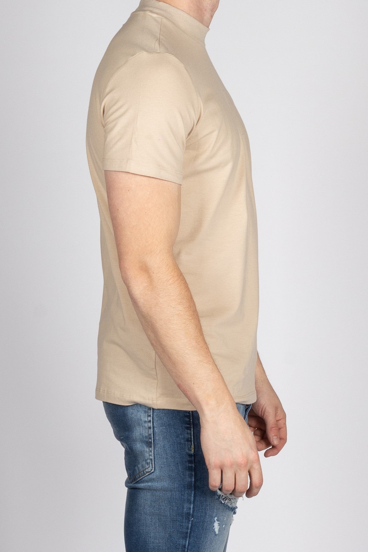 Muscle Fit Beige Mock Neck T-Shirt