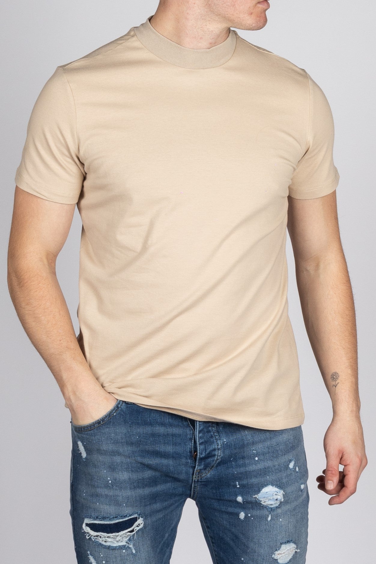 Muscle Fit Beige Mock Neck T-Shirt