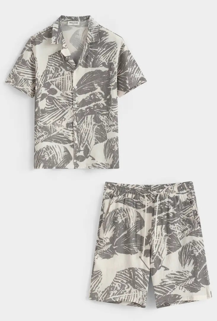 Stone Palm Print Shirt & Shorts Co-Ord Set
