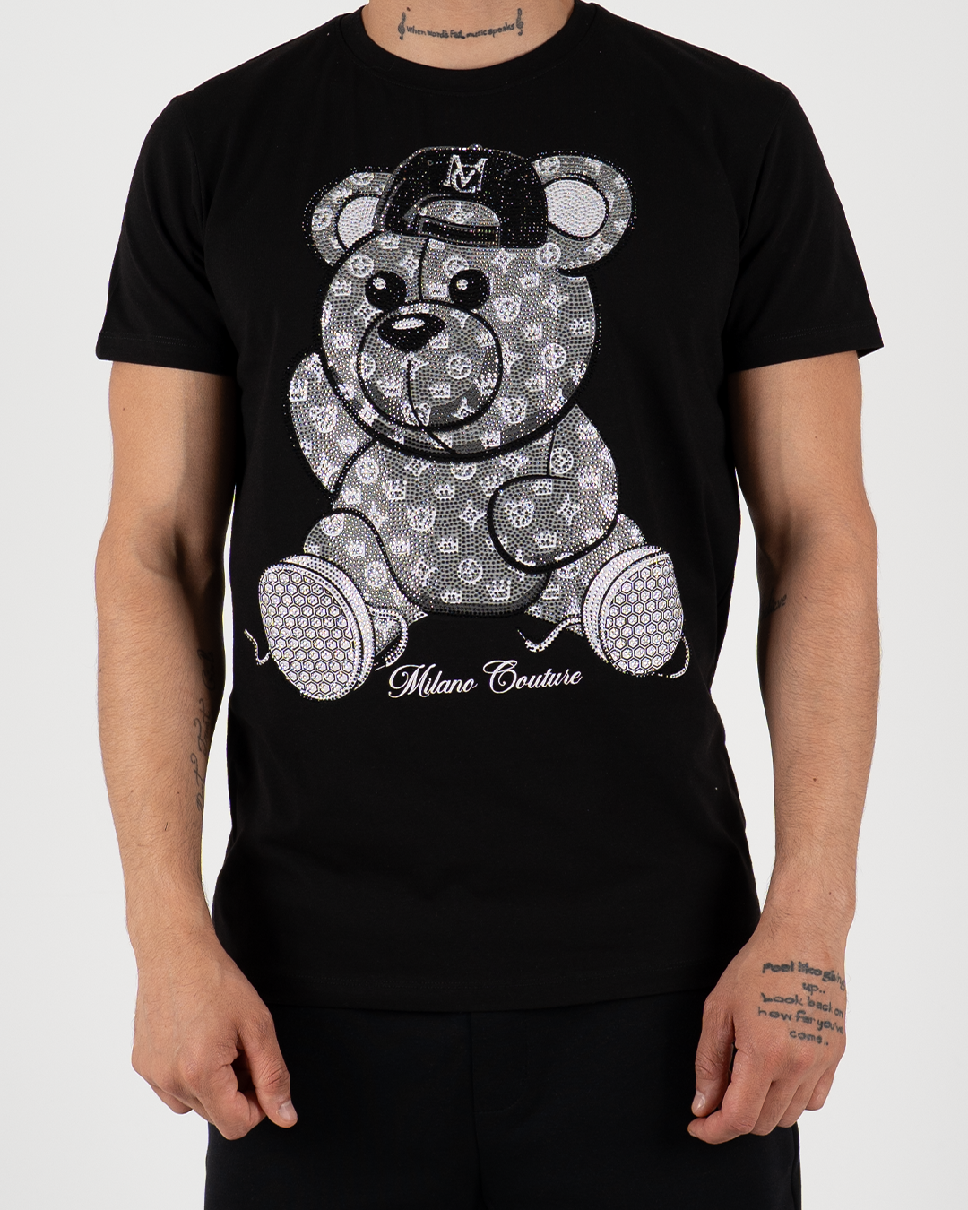 MC Rhinestone Grey Teddy Bear Graphic T-Shirt