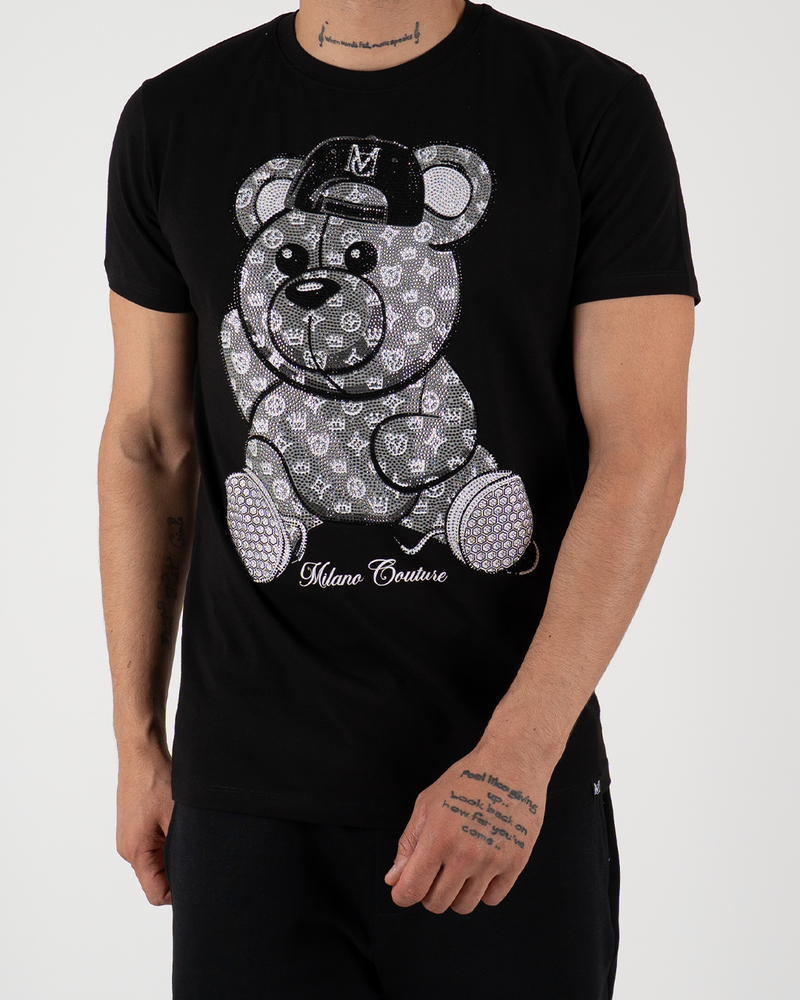 MC Rhinestone Grey Teddy Bear Graphic T-Shirt