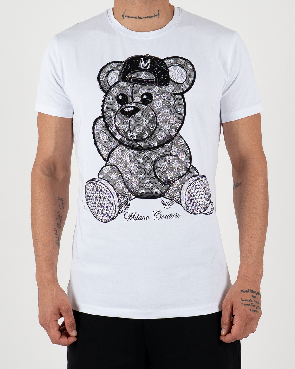 MC Rhinestone Grey Teddy Bear Graphic T-Shirt