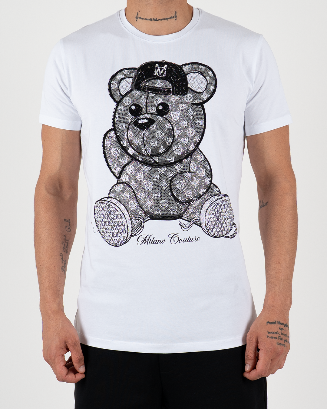 MC Rhinestone Grey Teddy Bear Graphic T-Shirt