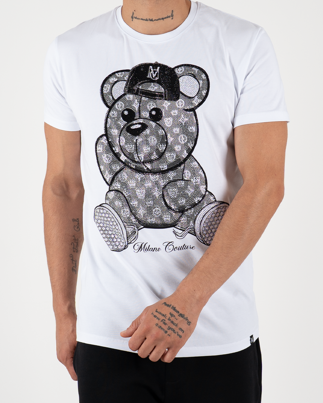 MC Rhinestone Grey Teddy Bear Graphic T-Shirt