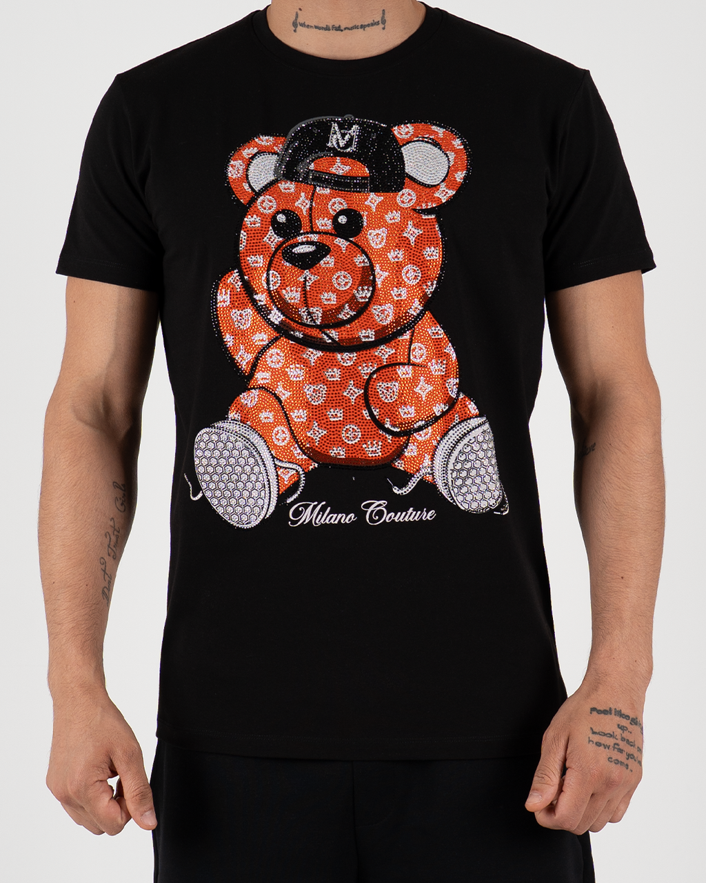 MC Rhinestone Orange Teddy Bear Graphic T-Shirt