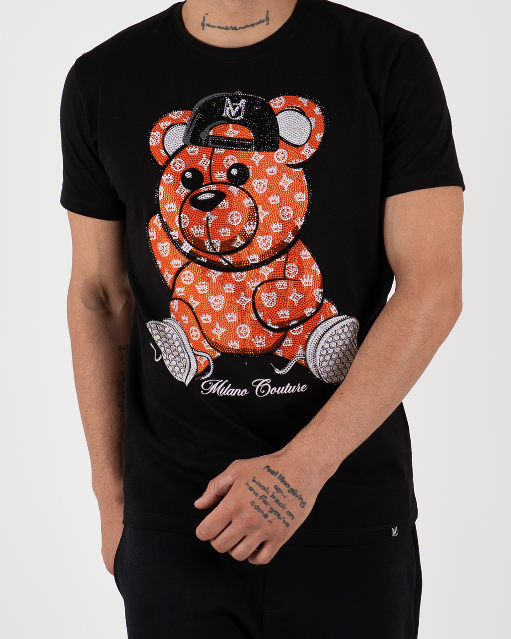 MC Rhinestone Orange Teddy Bear Graphic T-Shirt