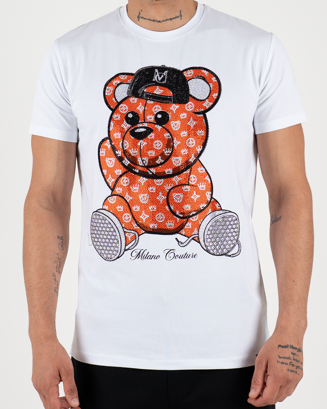 MC Rhinestone Orange Teddy Bear Graphic T-Shirt