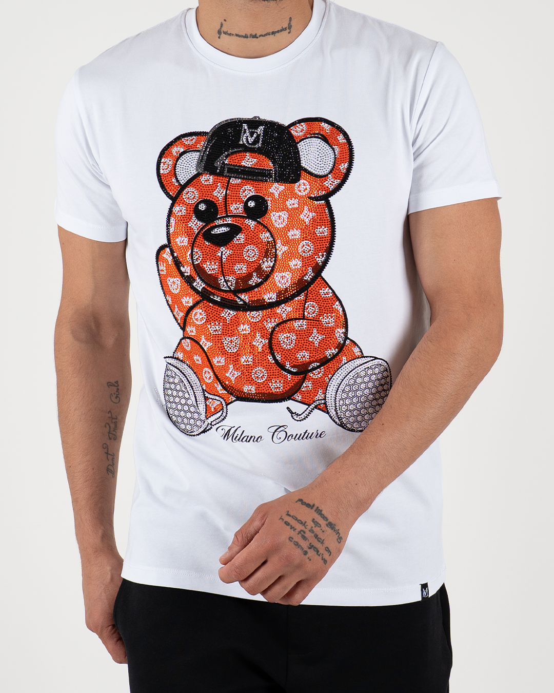 MC Rhinestone Orange Teddy Bear Graphic T-Shirt