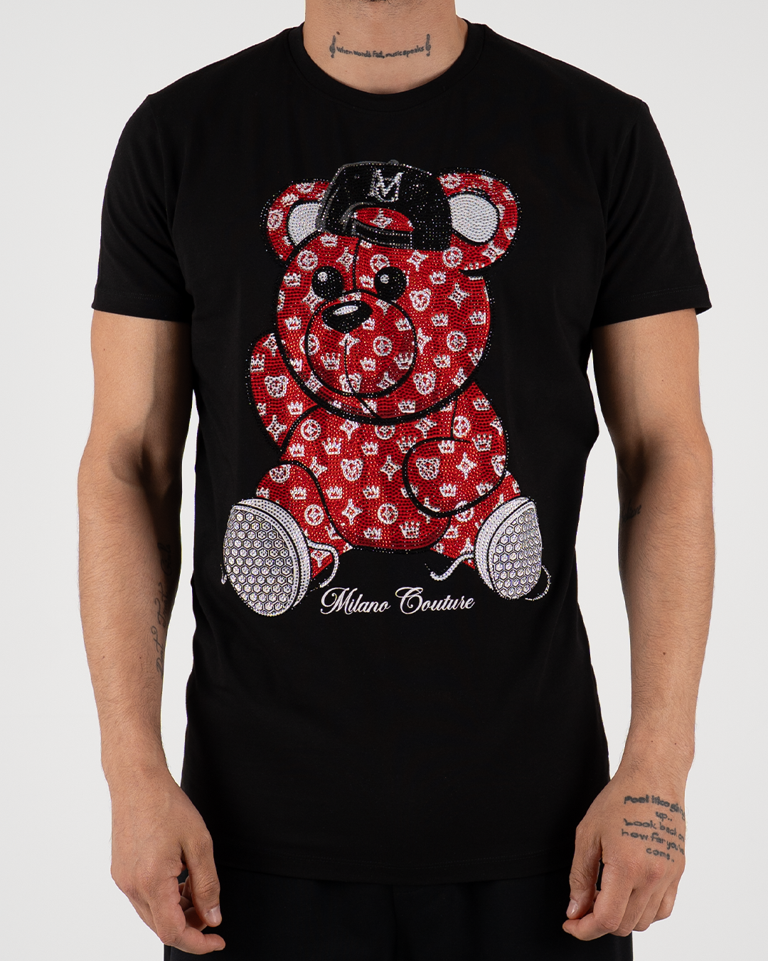 MC Rhinestone Red Teddy Bear Graphic T-Shirt