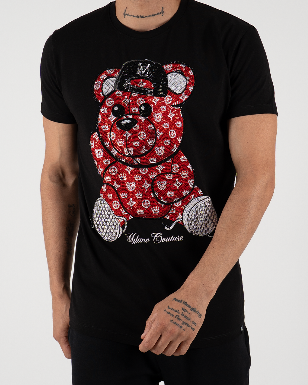 MC Rhinestone Red Teddy Bear Graphic T-Shirt