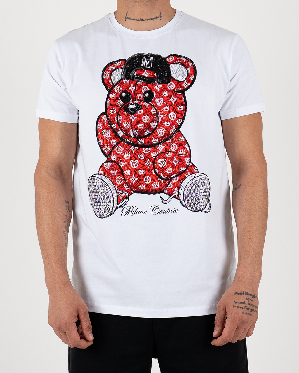 MC Rhinestone Red Teddy Bear Graphic T-Shirt