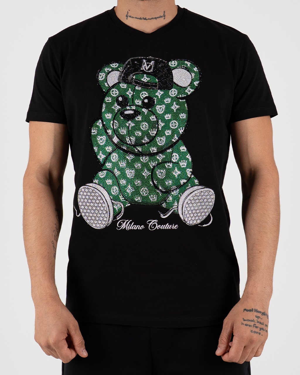 MC Rhinestone Green Teddy Bear Graphic T-Shirt