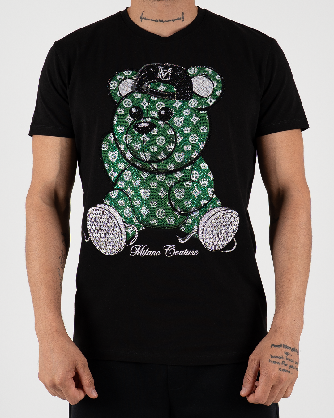 MC Rhinestone Green Teddy Bear Graphic T-Shirt