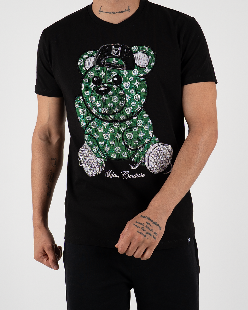 MC Rhinestone Green Teddy Bear Graphic T-Shirt