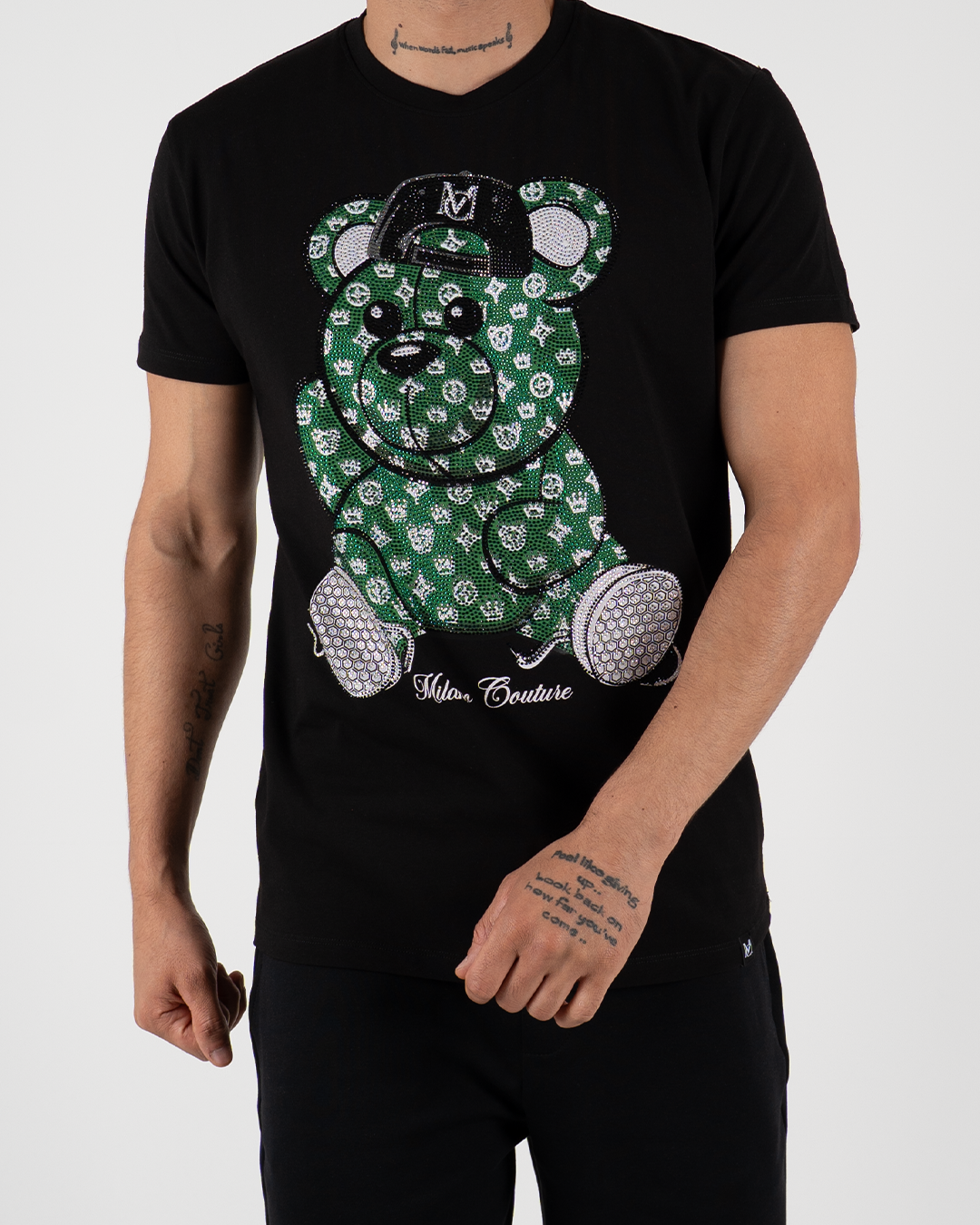 MC Rhinestone Green Teddy Bear Graphic T-Shirt