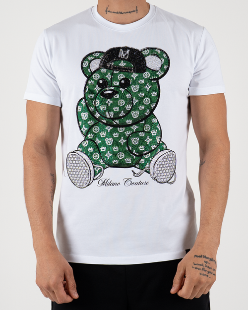 MC Rhinestone Green Teddy Bear Graphic T-Shirt