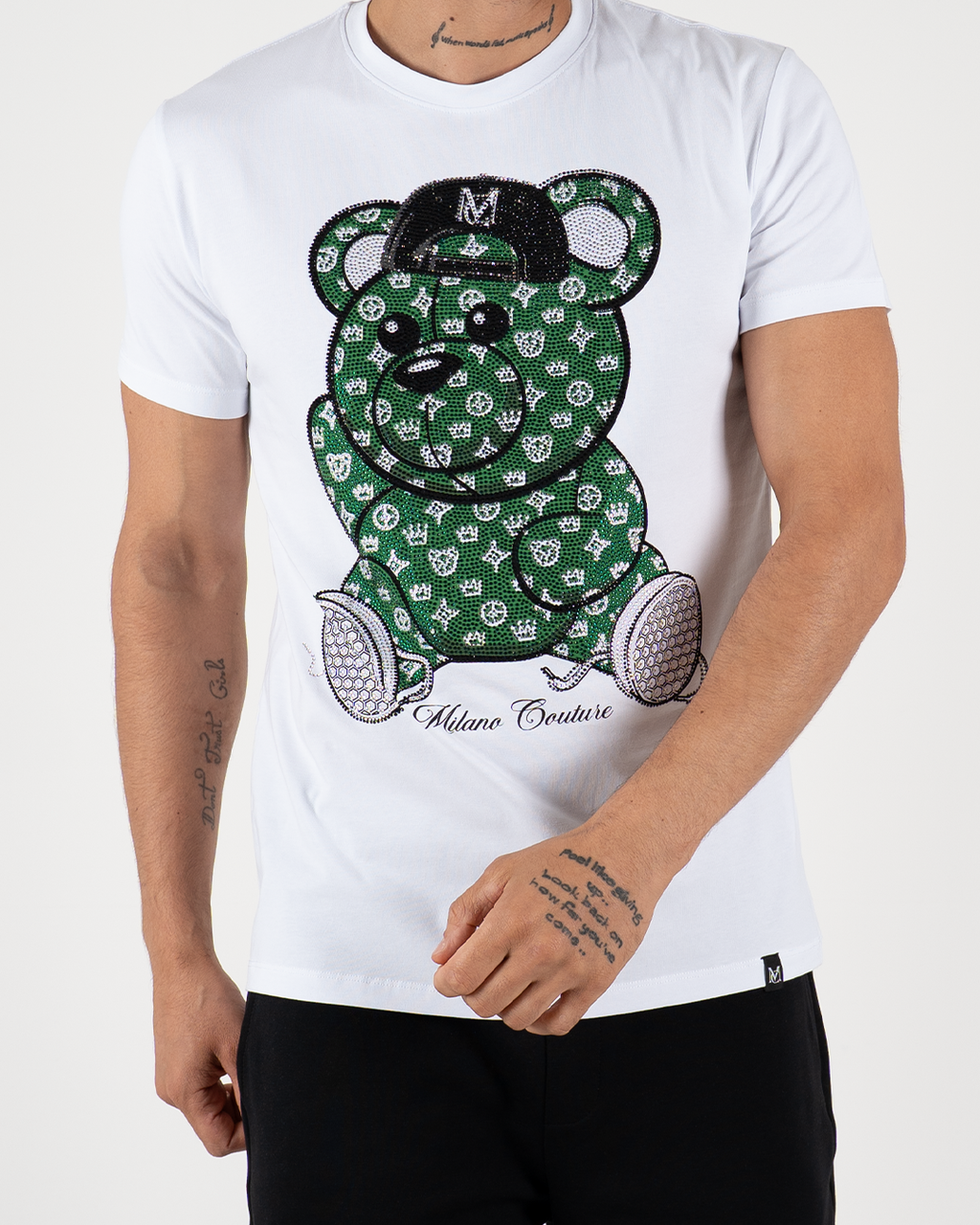 MC Rhinestone Green Teddy Bear Graphic T-Shirt