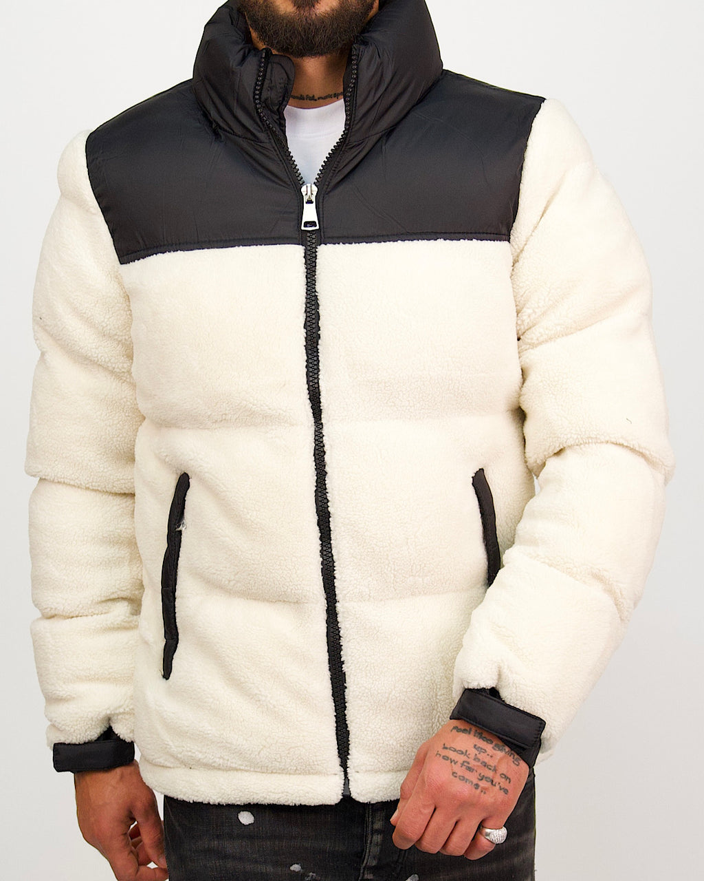Black Contrast Panel Fleece Puffer Coat