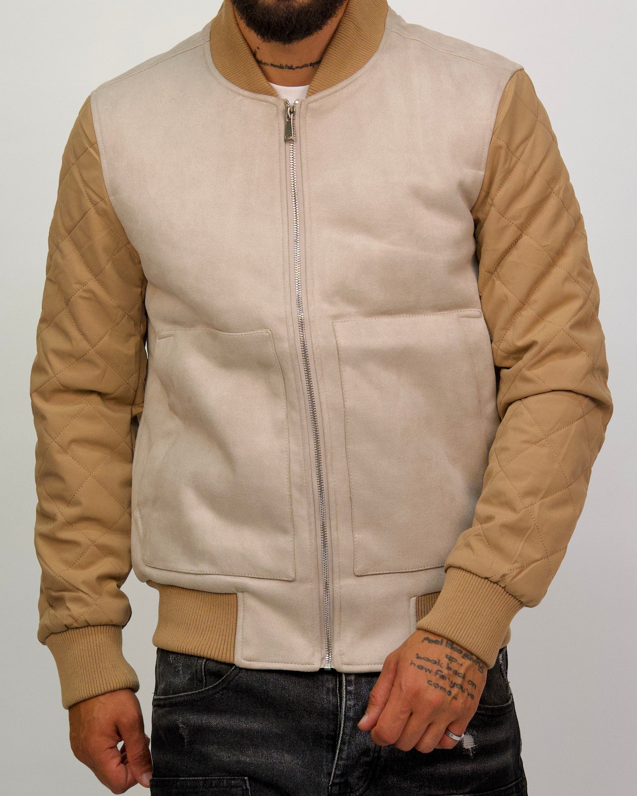 Two-Tone Bomber Jacket with Quilted Sleeves