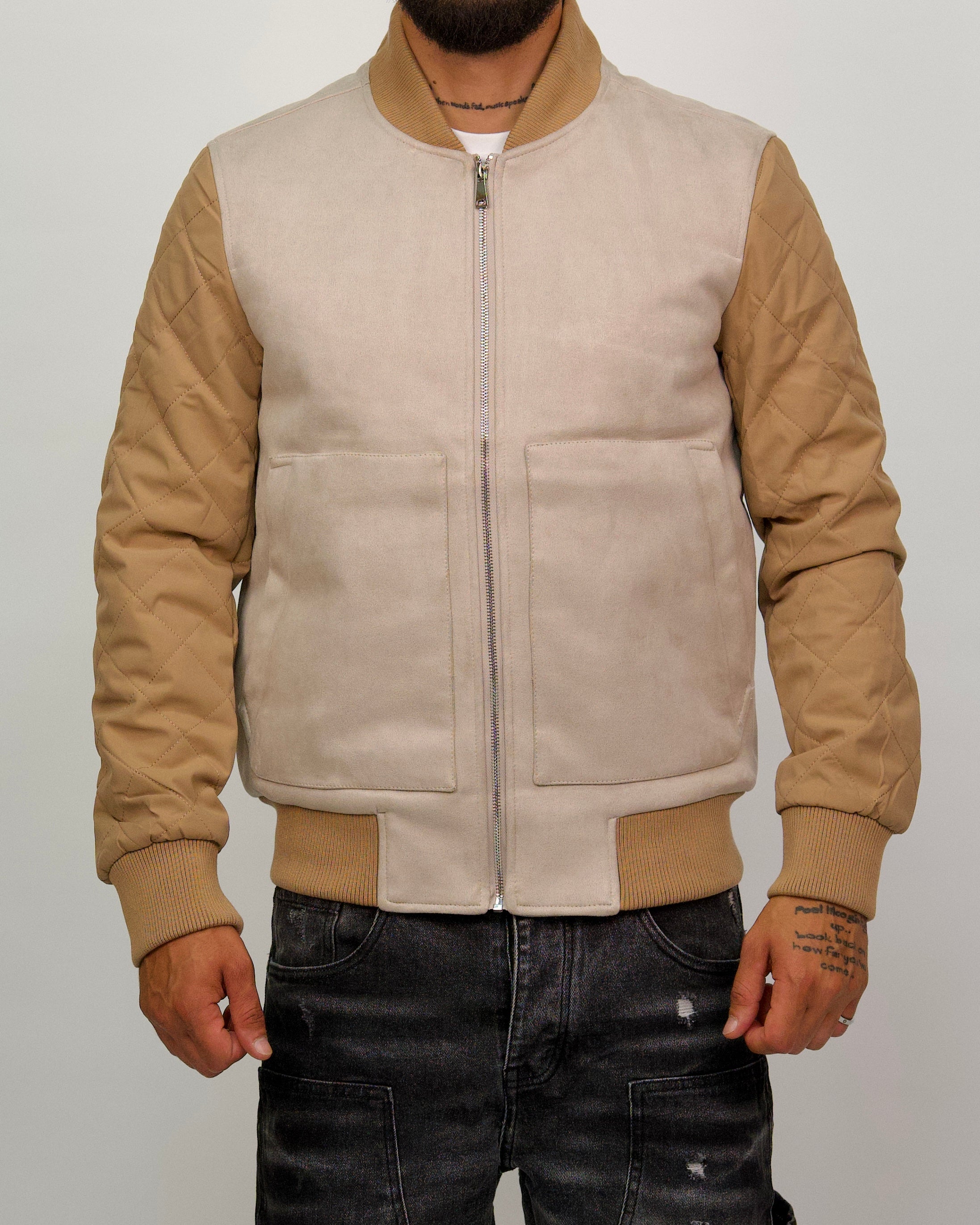 Two-Tone Bomber Jacket with Quilted Sleeves
