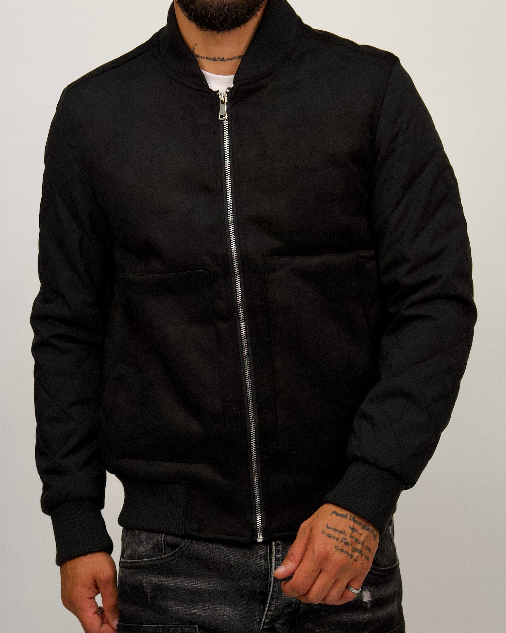 Two-Tone Bomber Jacket with Quilted Sleeves