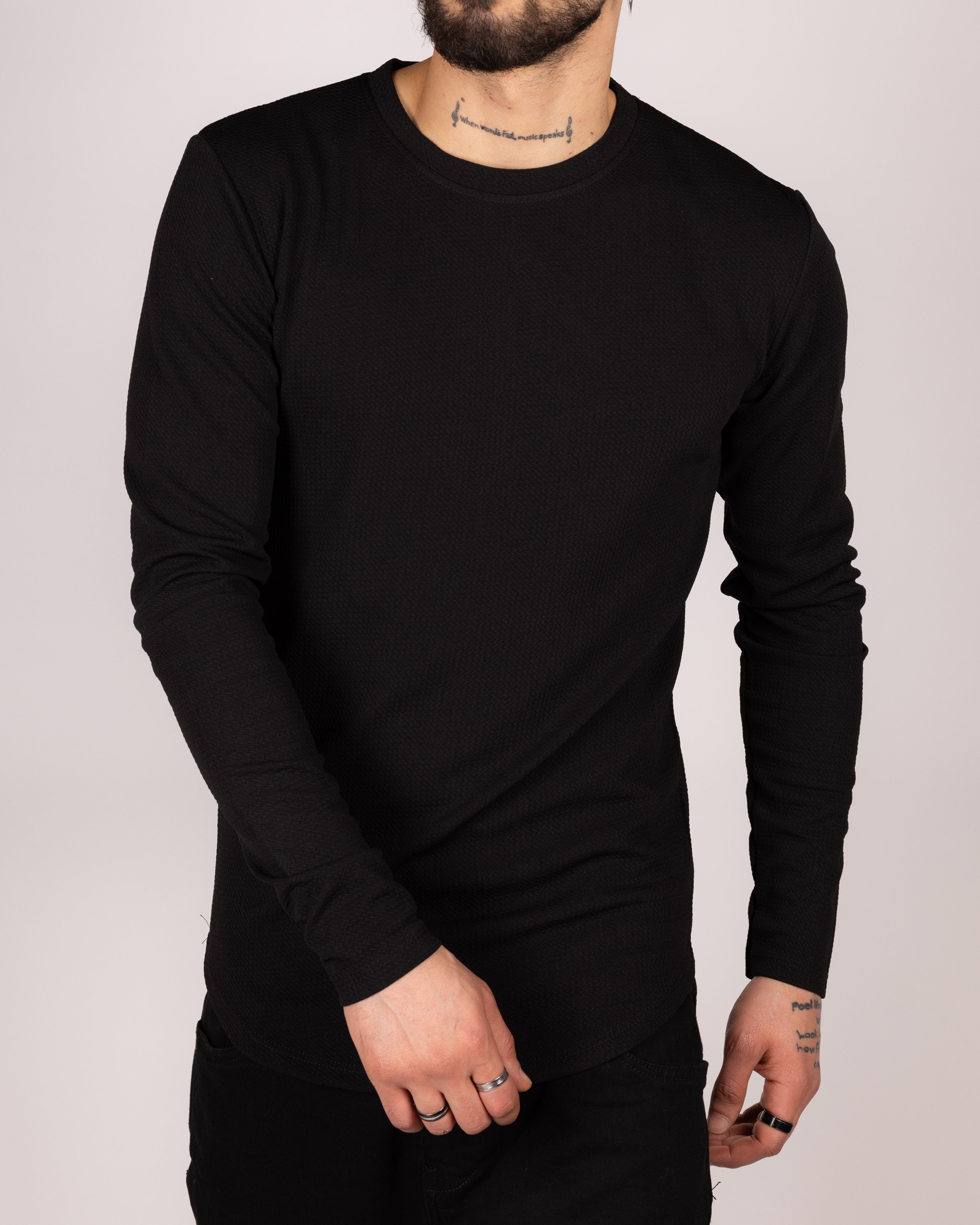 Muscle Fit Black Textured Long Sleeve Top