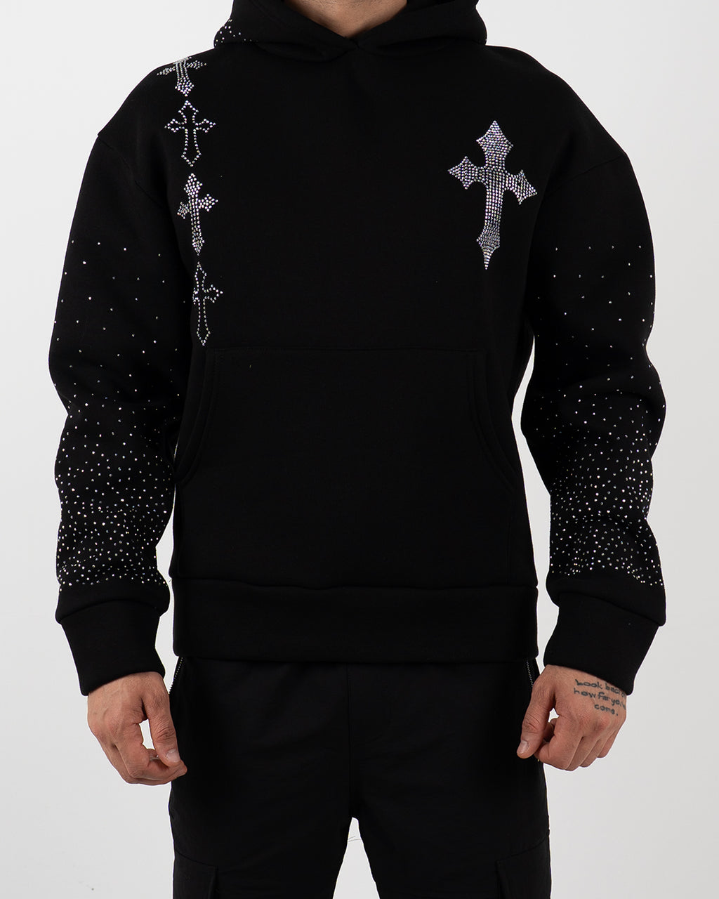 Black Rhinestone Cross Hoodie