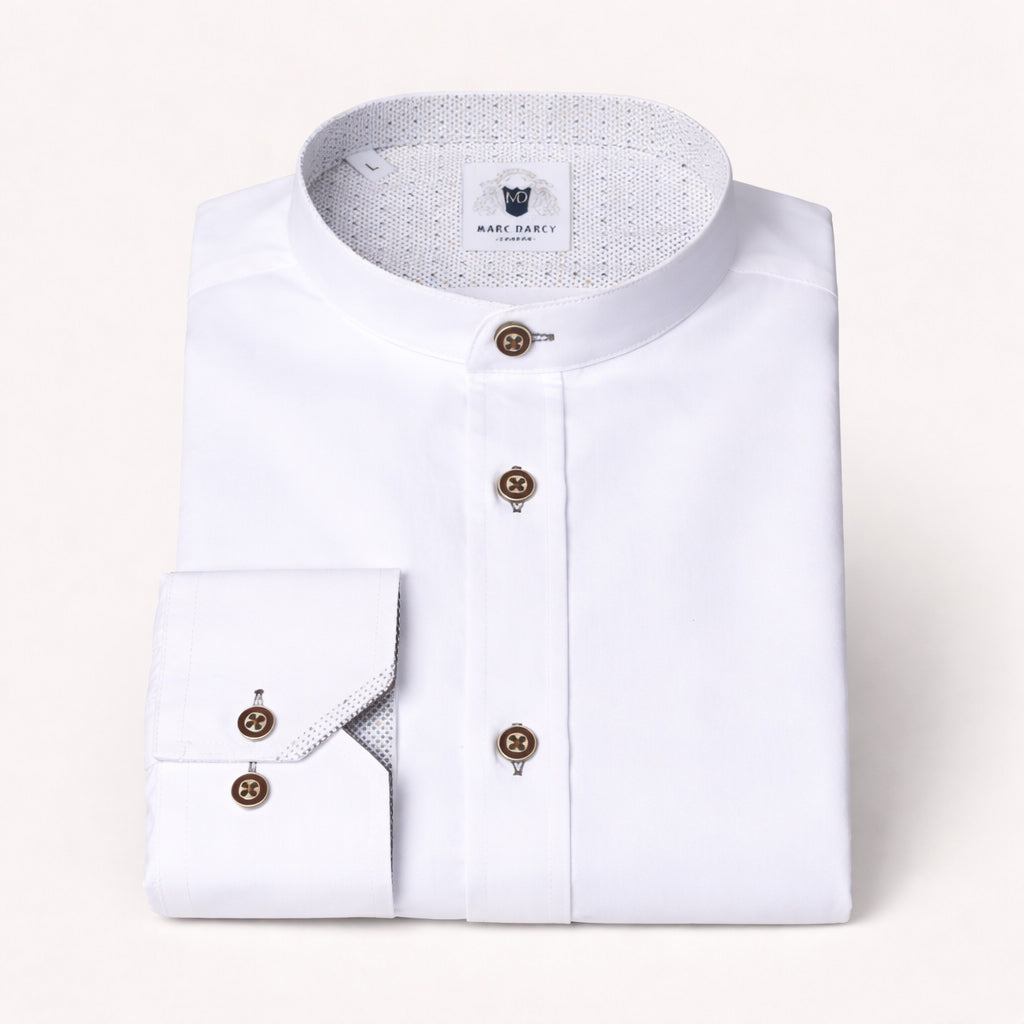 Archie - White Grandad Collar Shirt With Tan Buttons
