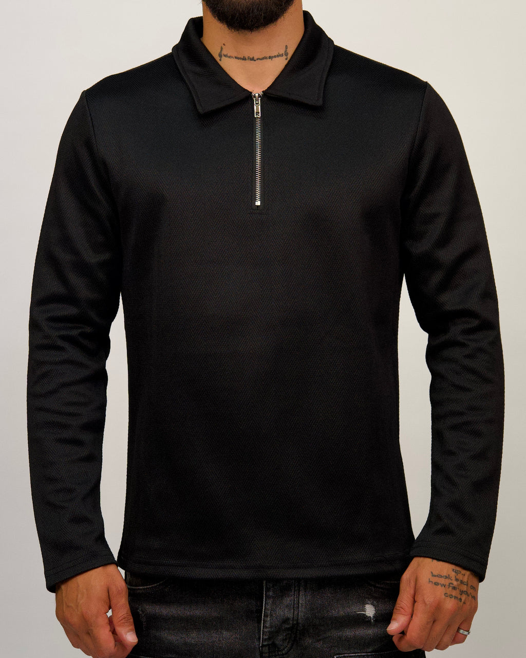 Black Herringbone Half Zip Shirt