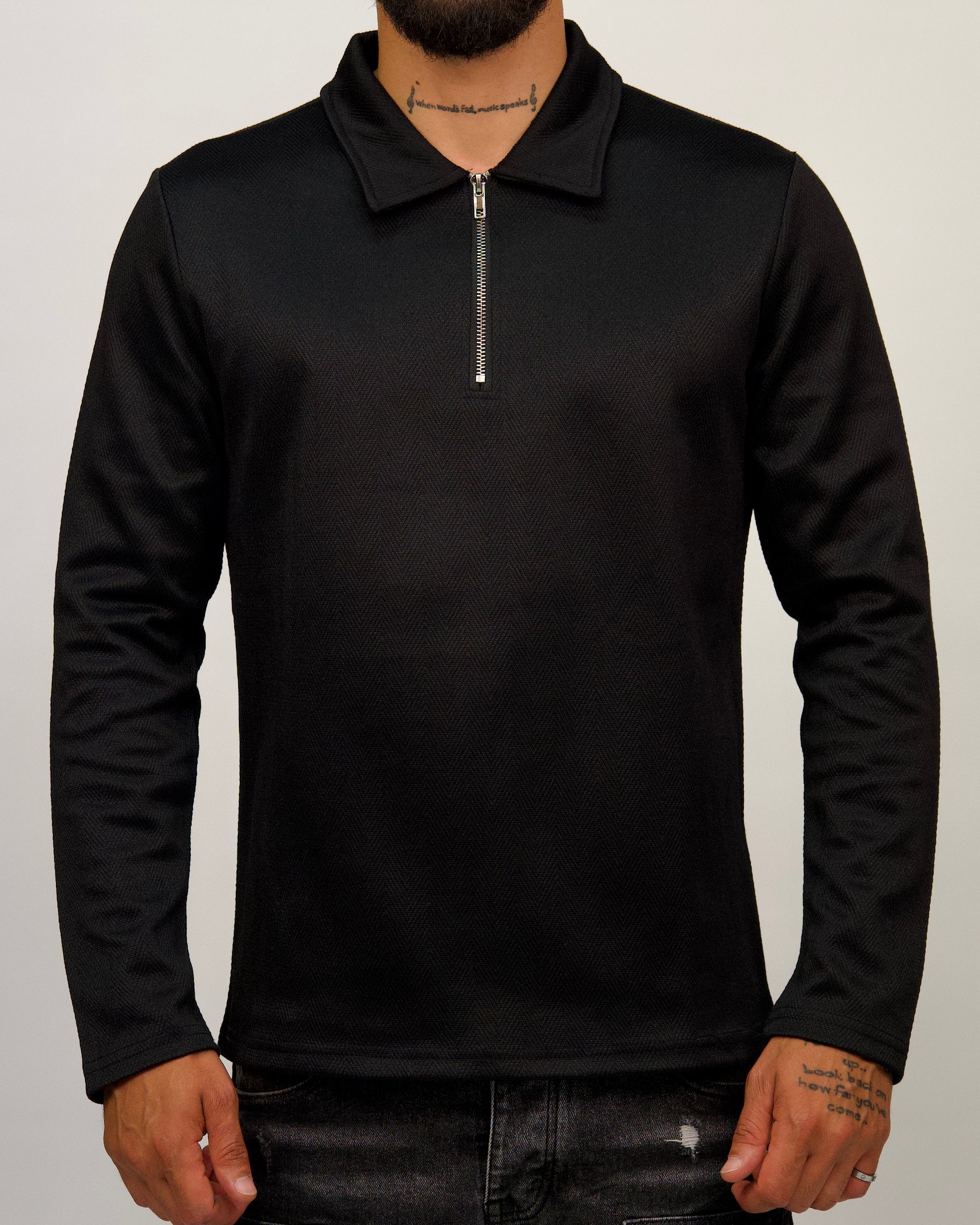 Black Herringbone Half Zip Shirt