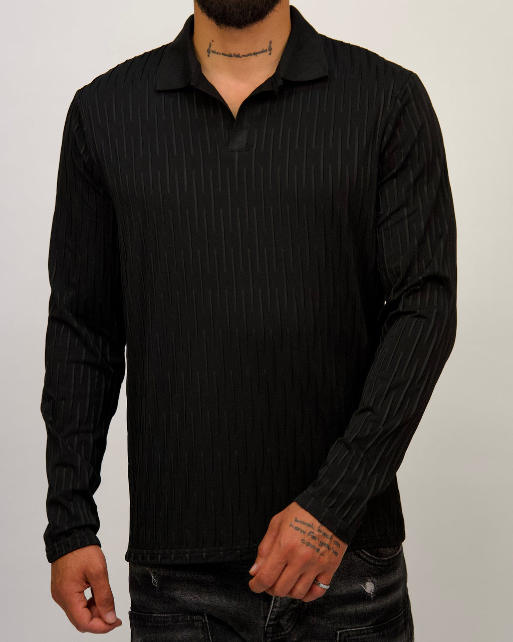 Textured Knit Long Sleeve Polo Shirt