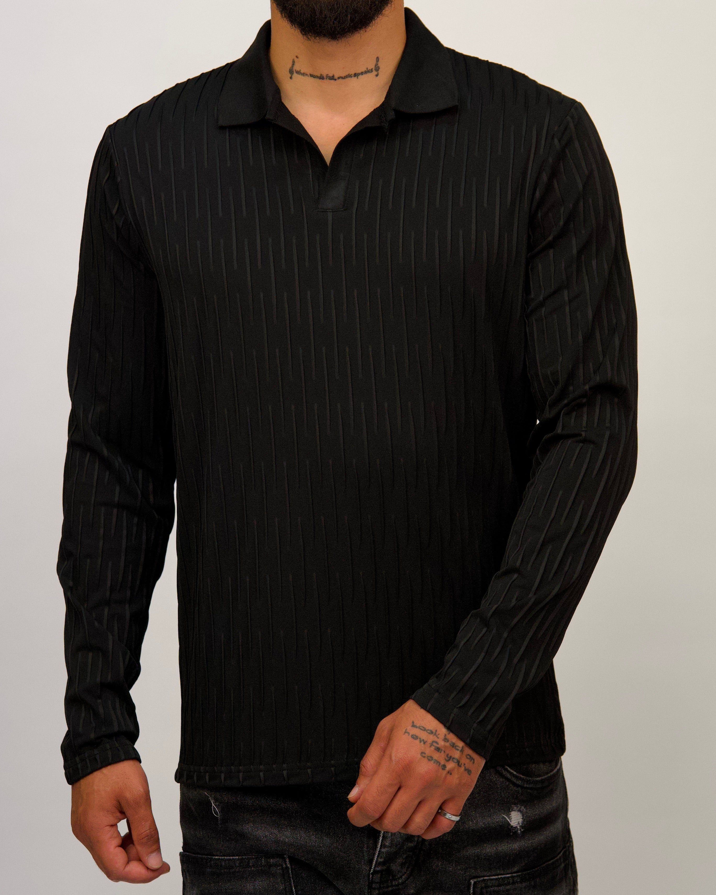Textured Knit Long Sleeve Polo Shirt