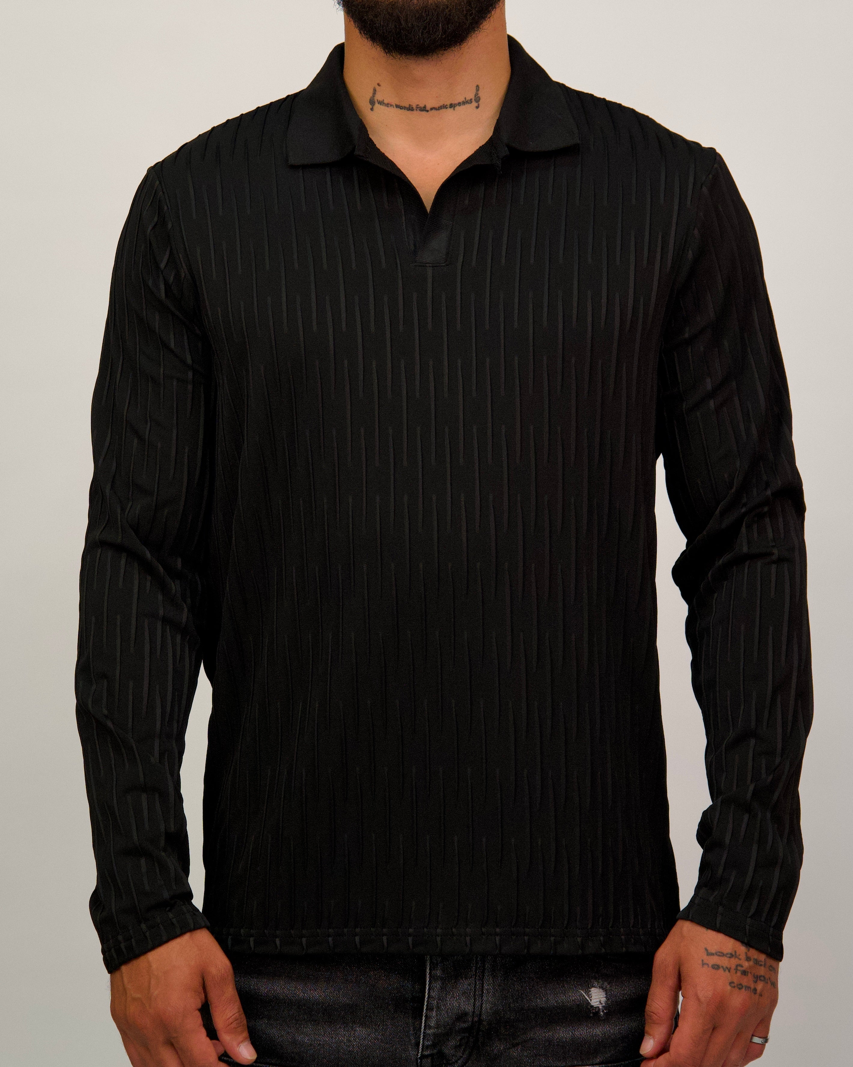 Textured Knit Long Sleeve Polo Shirt